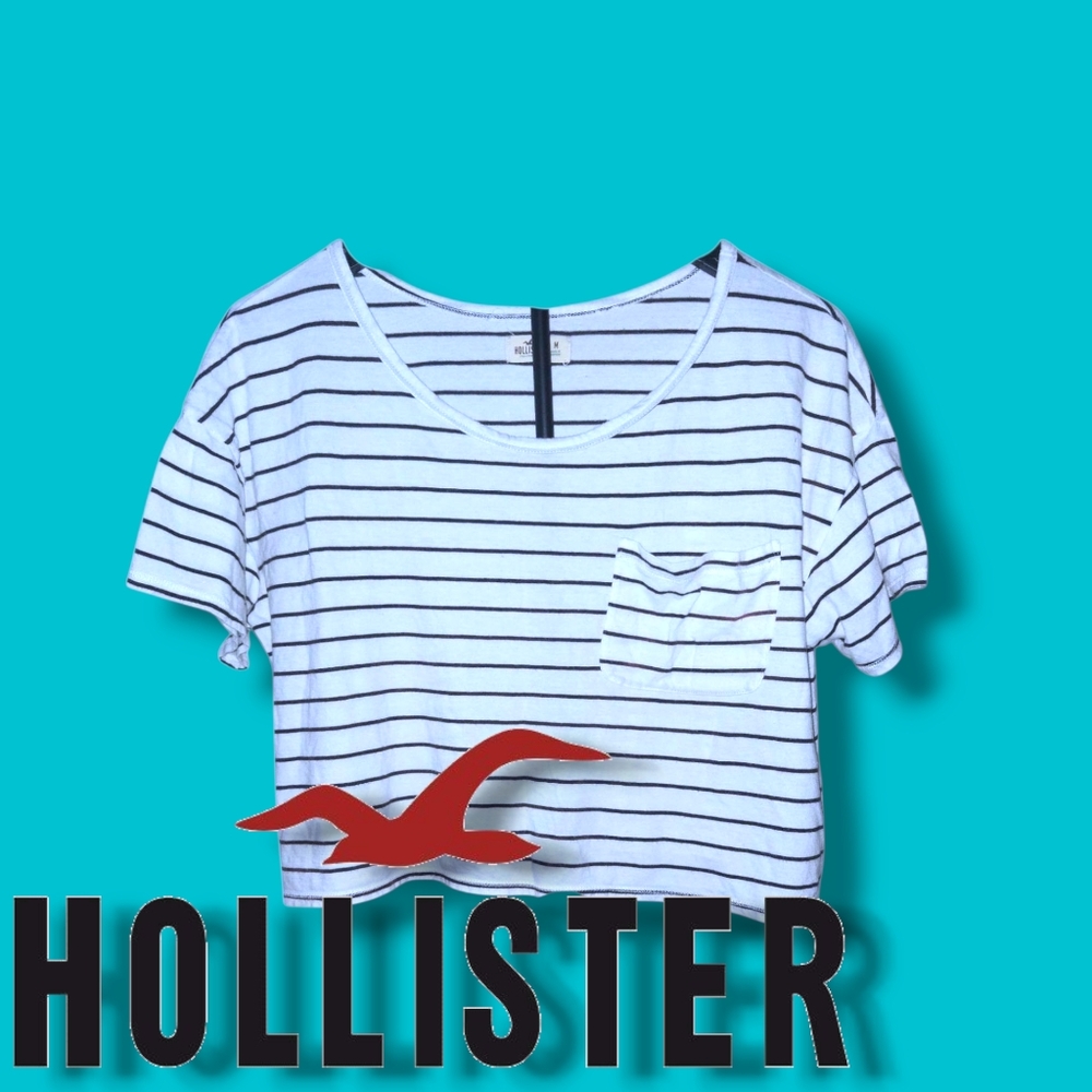 Hollister Black and White Striped Short Sleeve Cropped Pocket Tee